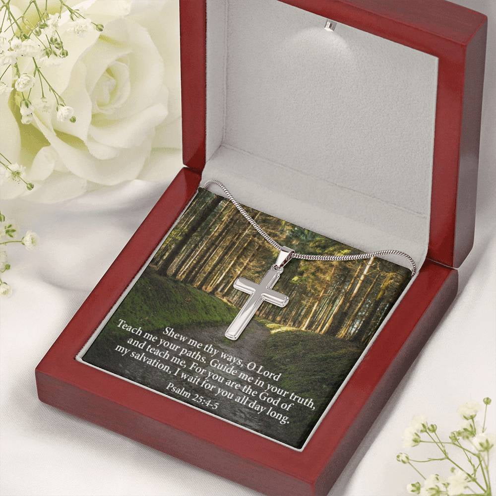 Scripture Card Baptism Psalm 25:4-5 Cross Necklace Faith Stainless Steel Pendant Religious