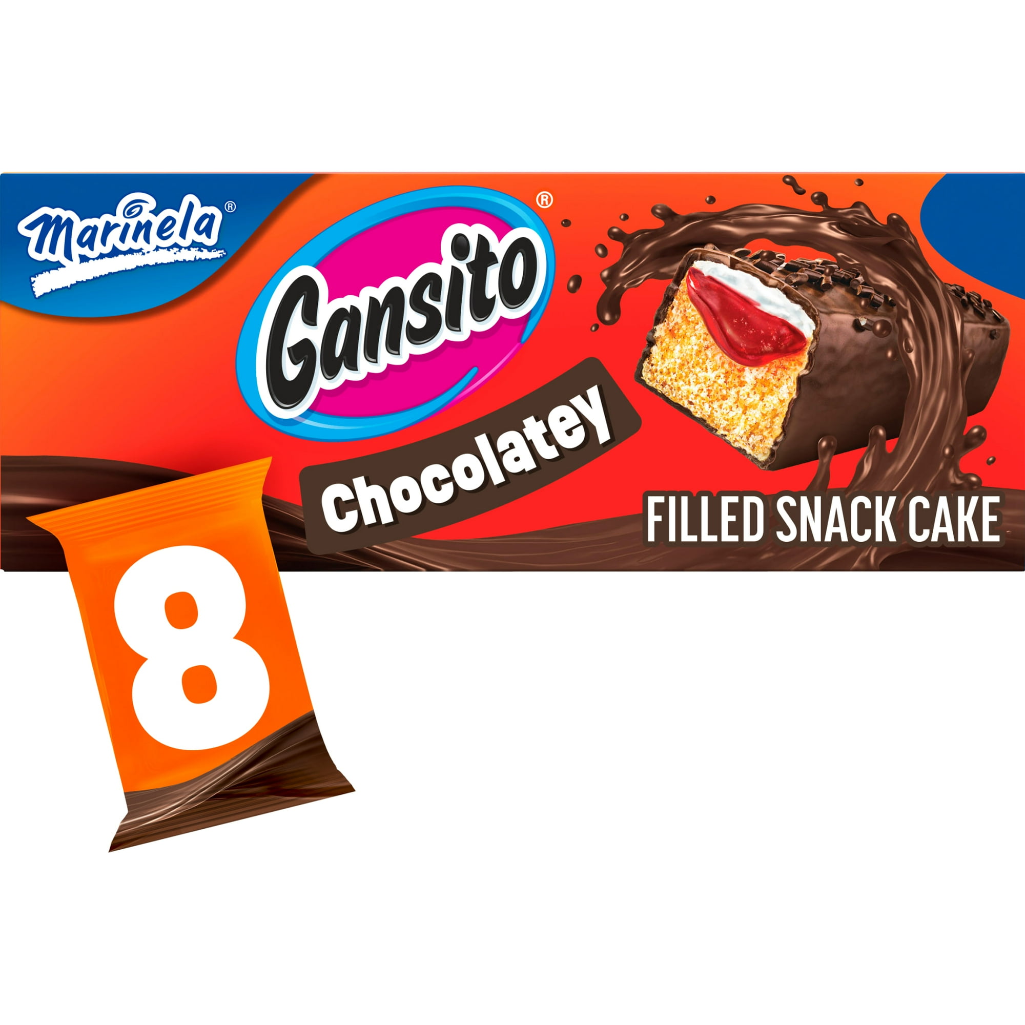 Marinela Gansito Chocolatey Filled Snack Cake, 8 packs, Strawberry, Chocolate and Crème Snack Cakes, 14.08 oz Multipack