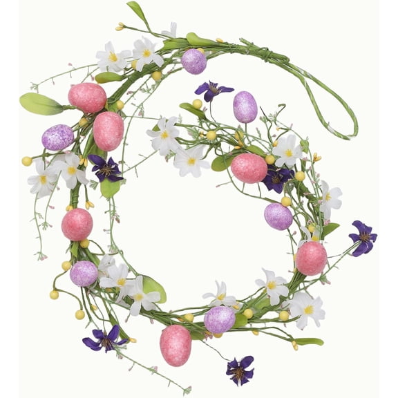 JEWLALO Easter Egg Garland for Front Door, 59 Inch Pastel Easter Egg Hanging Decor with Faux Eucalyptus, Spring Home Decor, Outdoor Indoor Hanging Spring Easter Ornament