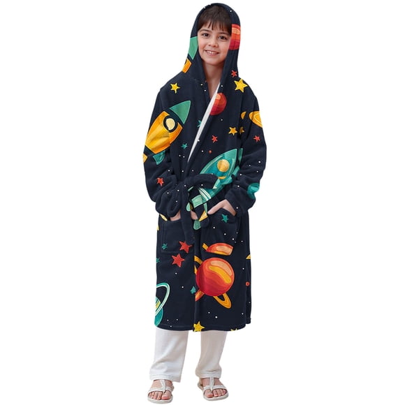 RXMEKW Velvet Hooded Bathrobe For Girls Long Sleeve Sleepwear Pajama Set With Button Closure
