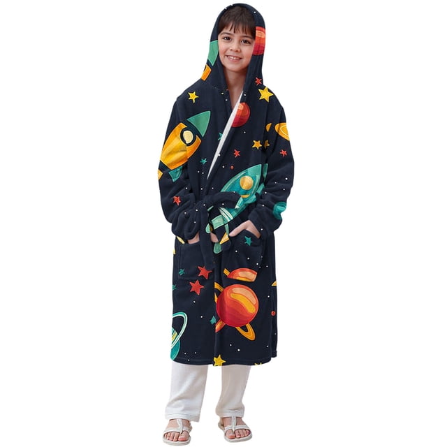 RXMEKW Velvet Hooded Bathrobe For Girls Long Sleeve Sleepwear Pajama Set With Button Closure