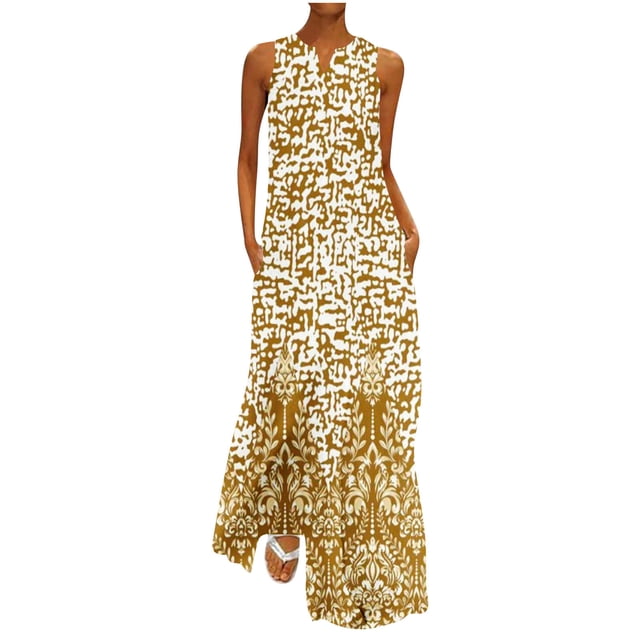 SMihono Robe Maxi Bohème d'Été pour Femmes Grande Taille Mode d'Été Imprimée Col en V Sans Manches Robe à Enfiler avec Poches Robe de Plage