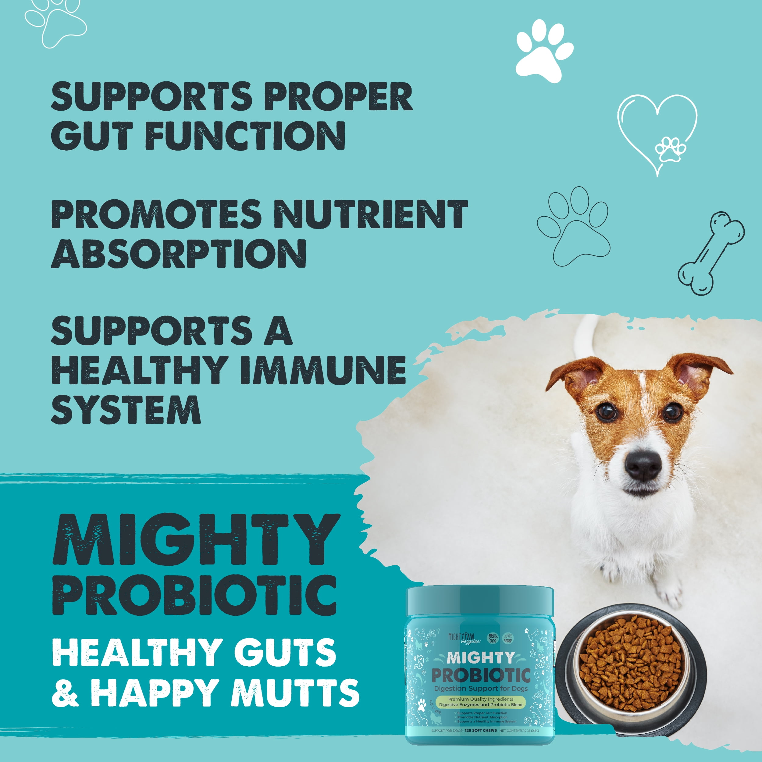 Mighty Paw Waggables Dog Probiotics Chews, Digestive Enzymes Supplement, Bacon Flavor, USA, 120 ct