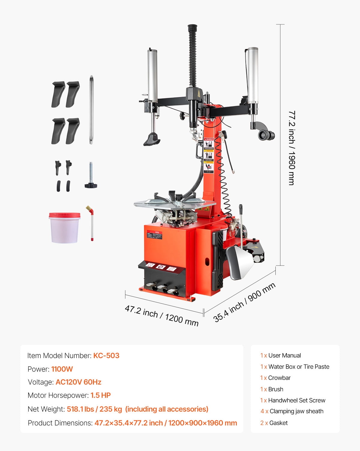KFFKFF Tire Changer Machine with 1.5HP Motor, Sturdy Design Featuring Air Pressure Gauge & Pneumatic Assist Arm, Pedal-Controlled Operation with Reinforced Chuck, Suitable for Sedan, SUV