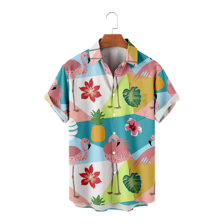 

MLFU Family Matching Flamingo Short Sleeve Button Down Aloha Beach Shirt Slim-Fit Printed Shirts Retro Blouses for Teen and Adult