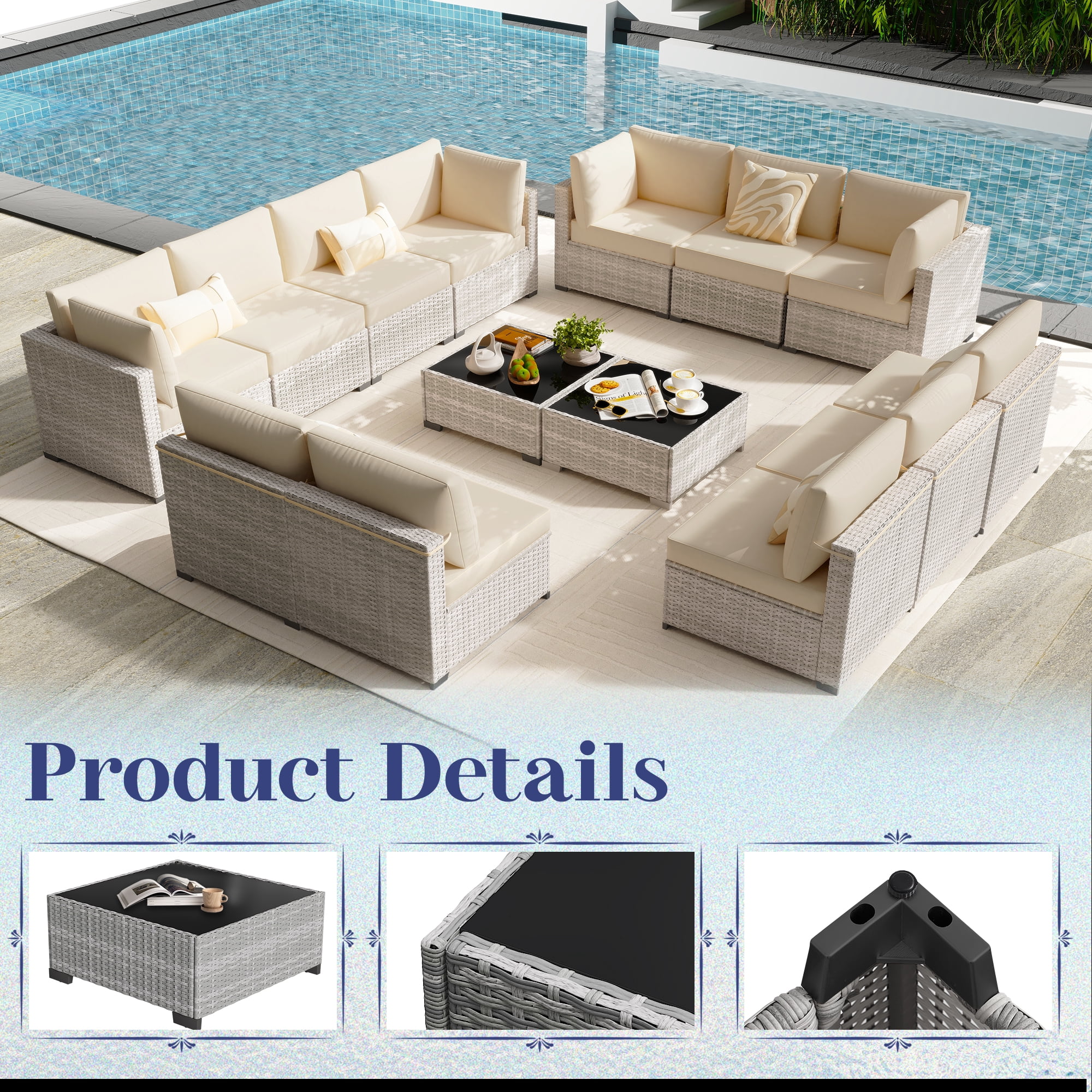 KIGOTY 7 Piece Outdoor Patio Furniture, Wicker Rattan Outdoor Conversation Set Sectional Sofas for Backyard, Garden, Grayish-White Beige