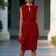 thumbnail image 6 of Antqov Dresses for Women, Solid Color Keyhole Round Neck Fitted Pleats Tapered Waist Sleeveless Knee Length Dress, Business Trendy Comfy Office Work Pencil Dresses, 6 of 8