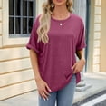 thumbnail image 4 of Camiseta informal de mujer de color liso, cuello redondo y manga corta holgada - Poliéster, ropa de verano - Tallas S-XXL, estampado, 4 of 7