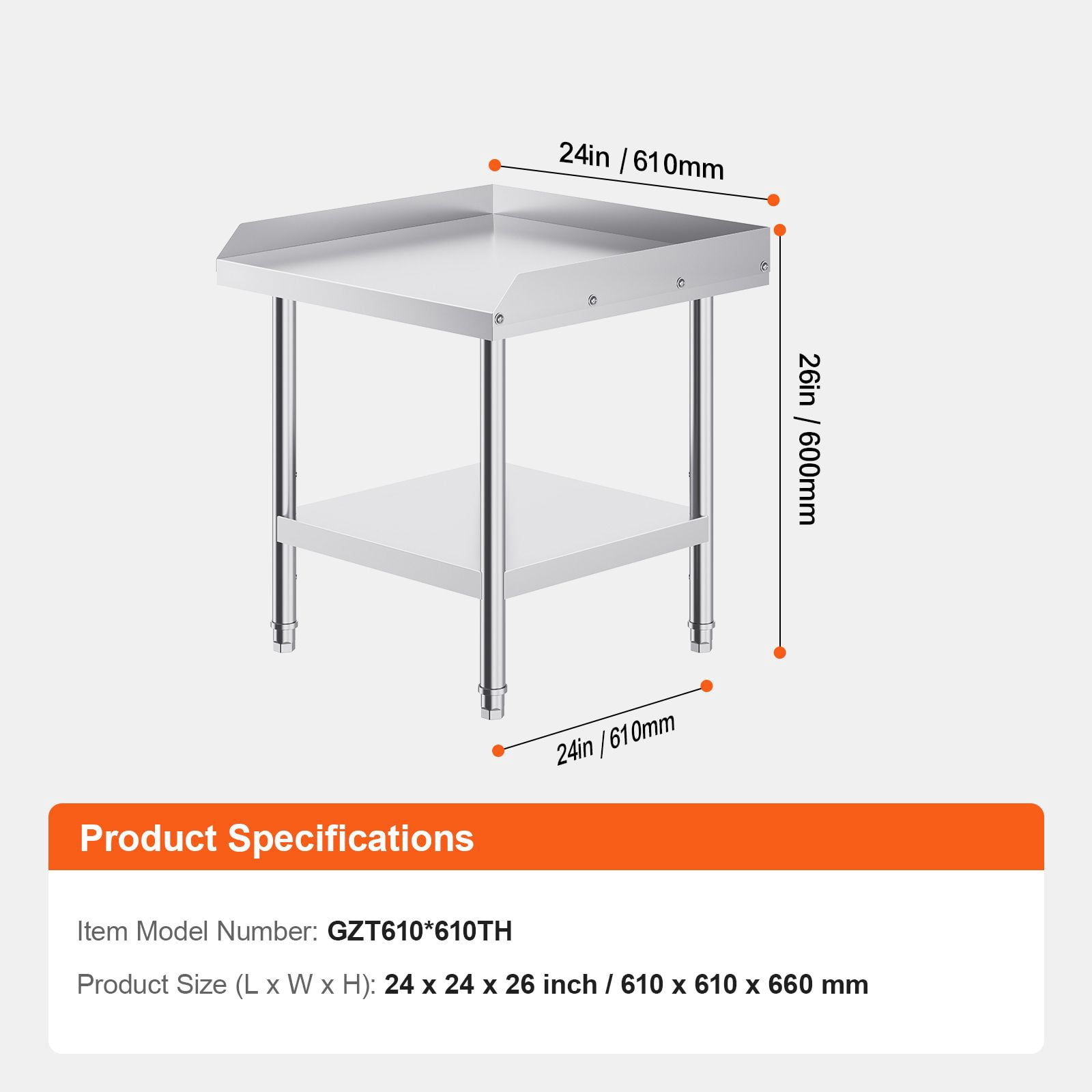 24x24x26 in Stainless Steel Commercial Work Table, 3-Sided Backsplash, Heavy  Adjustable Height for Restaurant Home Hotel