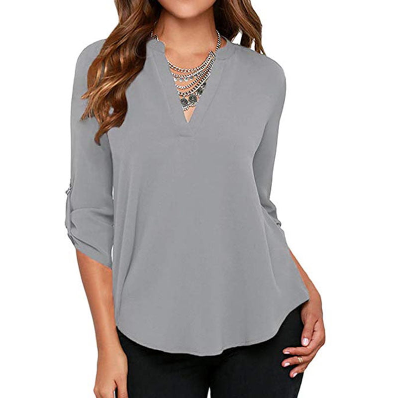 FNAC - Women's Casual V Neck Cuffed Sleeves Solid Chiffon Blouse Top ...