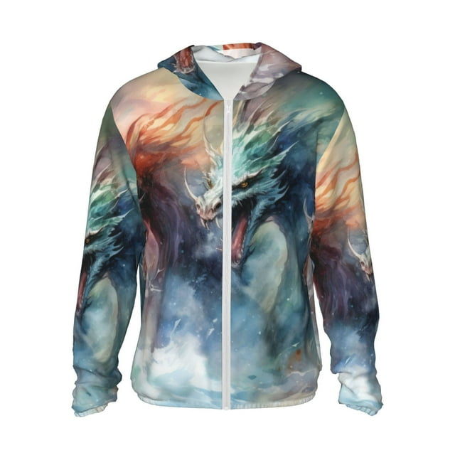 Vsdgher Ink Style Wave Dragon Print Adult Hoodie Shirts Rash Guard for Men Women,Long Sleeve Sun Protection Fishing Shirts for Athletic Running Swim-Small