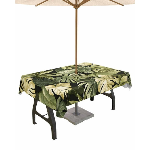 Hokiten Outdoor Tablecloths with Umbrella Hole & Zipper, Summer Tropical Leaves Tablecloth Rectangle 60x84 Inch, Watercolor Botanical Plants Waterproof Table Cloth, Patio/Pool/Picnic Table Covers