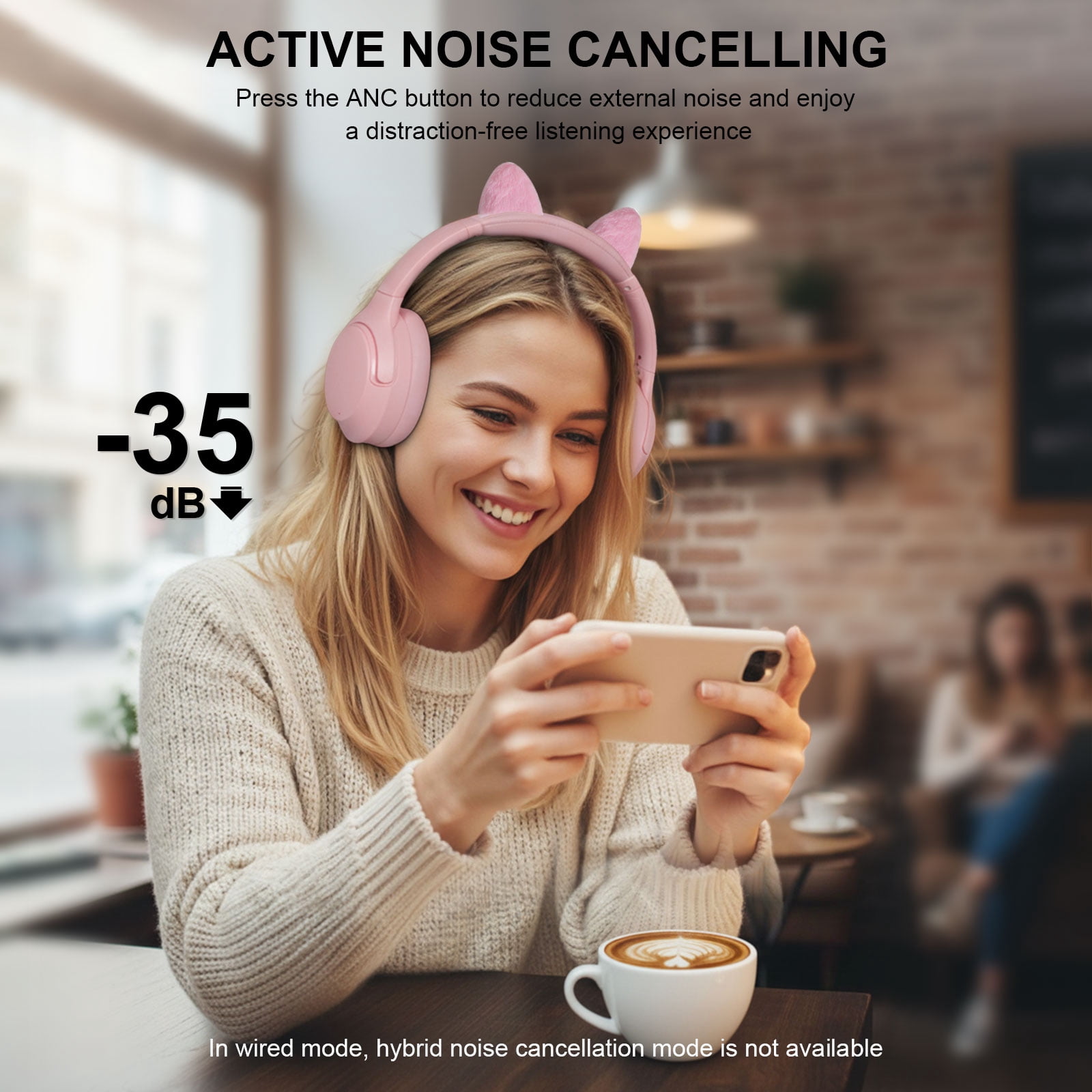 FOFUN NC50 Hybrid Active Noise Cancelling Headphones Wireless Bluetooth 6.0 with Plush Cat Ears, Foldable Over Ear Headphones, Custom EQ via App, 65 Hours Playtime, Low Latency Game Mode