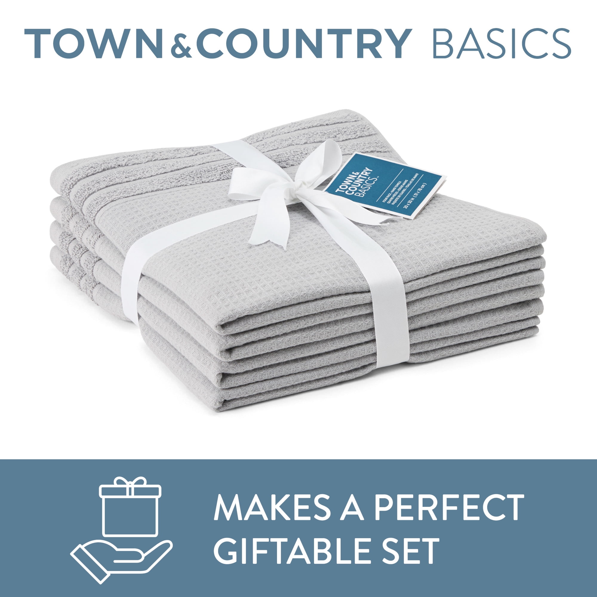 TOWN & COUNTRY BASICS 4-Piece Waffle Woven Terry Stripe Hand Towel Set, 20"x30", 100% Cotton, Quick Dry, Gray