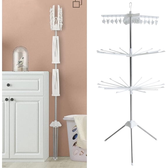 Miumaeov Laundry Rack Clothes Drying Hanger Rack with Clips Folding Collapsible 3-Tier Laundry Drying Rack for Clothes Socks Indoor Outdoors Balcony