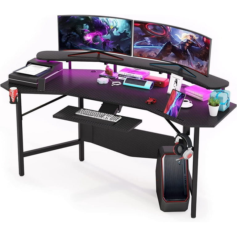 Pneumatic Height Adjustable Gaming Desk, Racing Style Standing Desk Gamer  Table with Power Strip Tray, Carbon Fiber Surface, 2 Cable Management  Holes, Ideal for Gaming Studying Working 