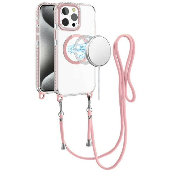 For Apple iPhone 14 Pro Max Clear Magnetic Frame PC Back Shockproof Protective Case with Detachable Lanyard Strap, Compatible with MagSafe Cover, XPM Phone Case [Pink]