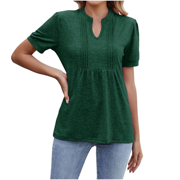 V Cuello Manga Corta Tops para las Mujeres Primavera Verano Moda Color Sólido Camiseta, Imitación Algodón