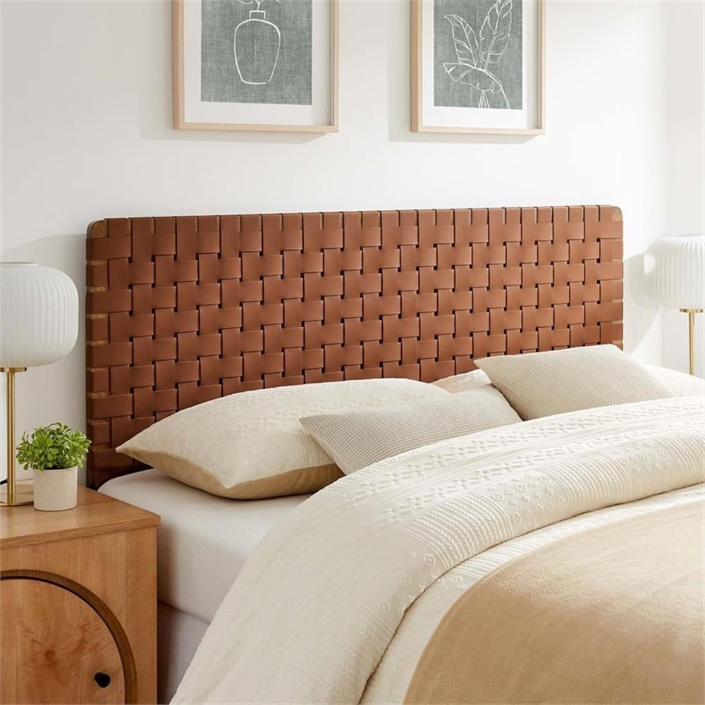 Maklaine Weave Vegan Leather Queen Headboard in Walnut Brown