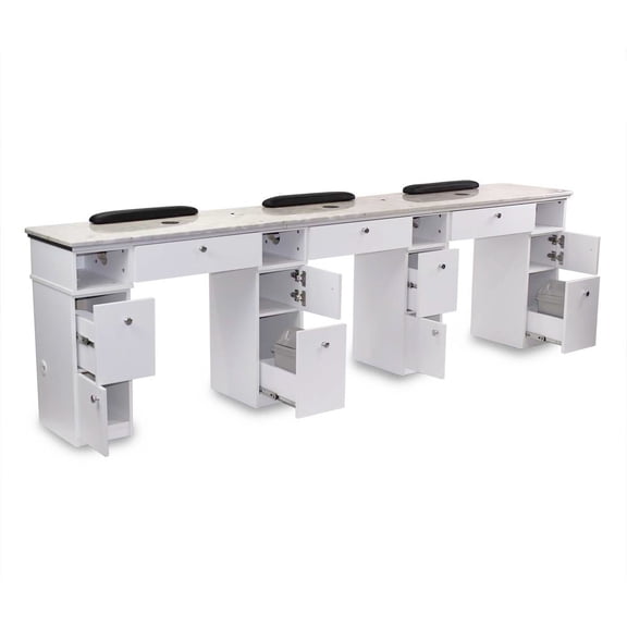 MAYAKOBA Sonoma Triple Manicure Table (With Vent Pipes) Nail Station for Beauty Salon Furniture & Equipment, Marble Top, Modern White/Silver