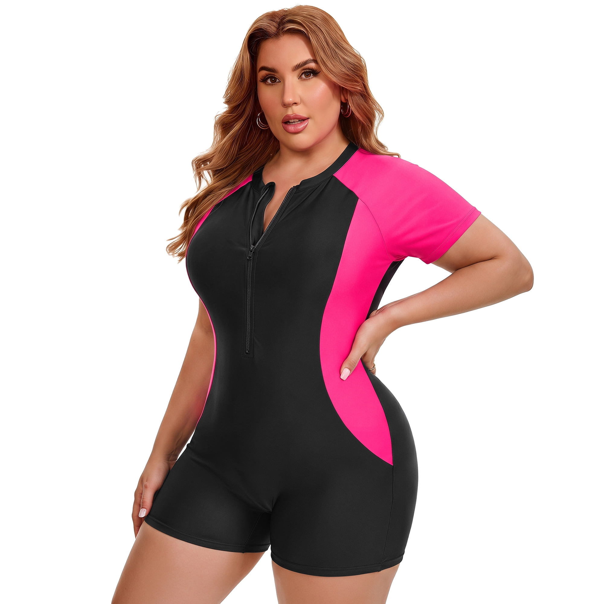 DARING DIVA Women's Plus 1 Piece Zip Front Short Sleeve Swimsuit L Black Pick