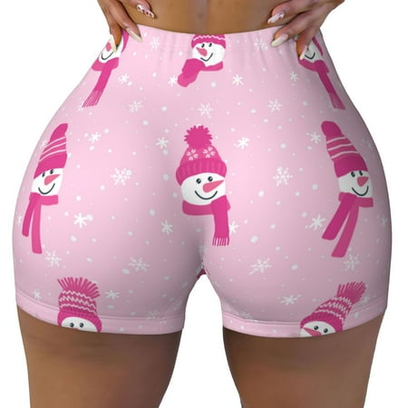 Workout Shorts Women  Pink Scarf Snowman Biker Shorts for Women Running Gym Spandex Shorts Tummy Control