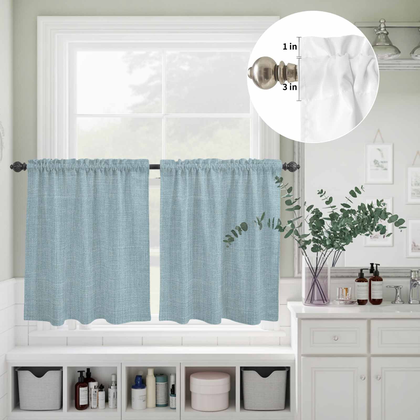 Vintage Haze Blue Kitchen Curtains Sets for Windows 36 Inch Length, Farmhouse Retro Solid Color Linen Texture Rod Pocket Window Treatments Tier Curtains and Valances Set for Bedroom/Bathroom