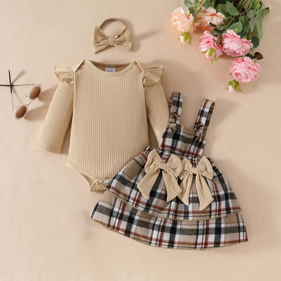 SYMOID Kids Girl 3-Piece Outfit Set: 100% Cotton Long-Sleeve Onesie + Plaid Overall Skirt + Matching Bow Headband, Khaki, Soft Breathable for Newborn to 2T,Size 3 Months