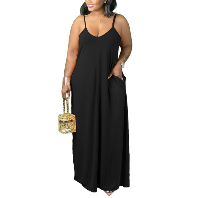 UKAP Robe Maxi Sans Manches pour Femmes Grande Taille Couleur Unie Bretelles Surdimensionnée Robe de Plage Noire 2TG