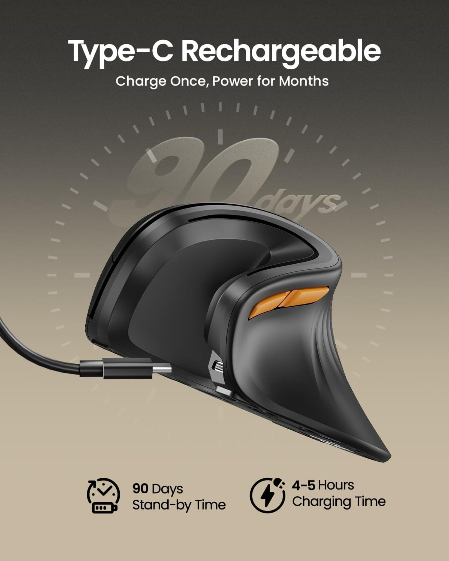 Ergonomic Mouse, EM11 NL Bluetooth Rechargeable Wireless Vertical Mouse, 3 Multi-Device Connectivity, Black