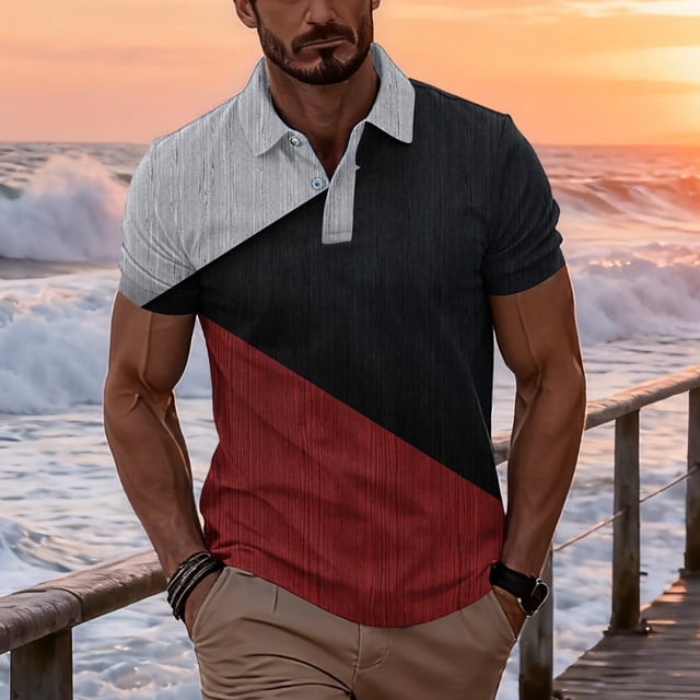Ceisia Men's Summer Casual Diagonal Color Block Mesh Short Sleeve Lapel Shirt Multicolor XXXXL Gifts