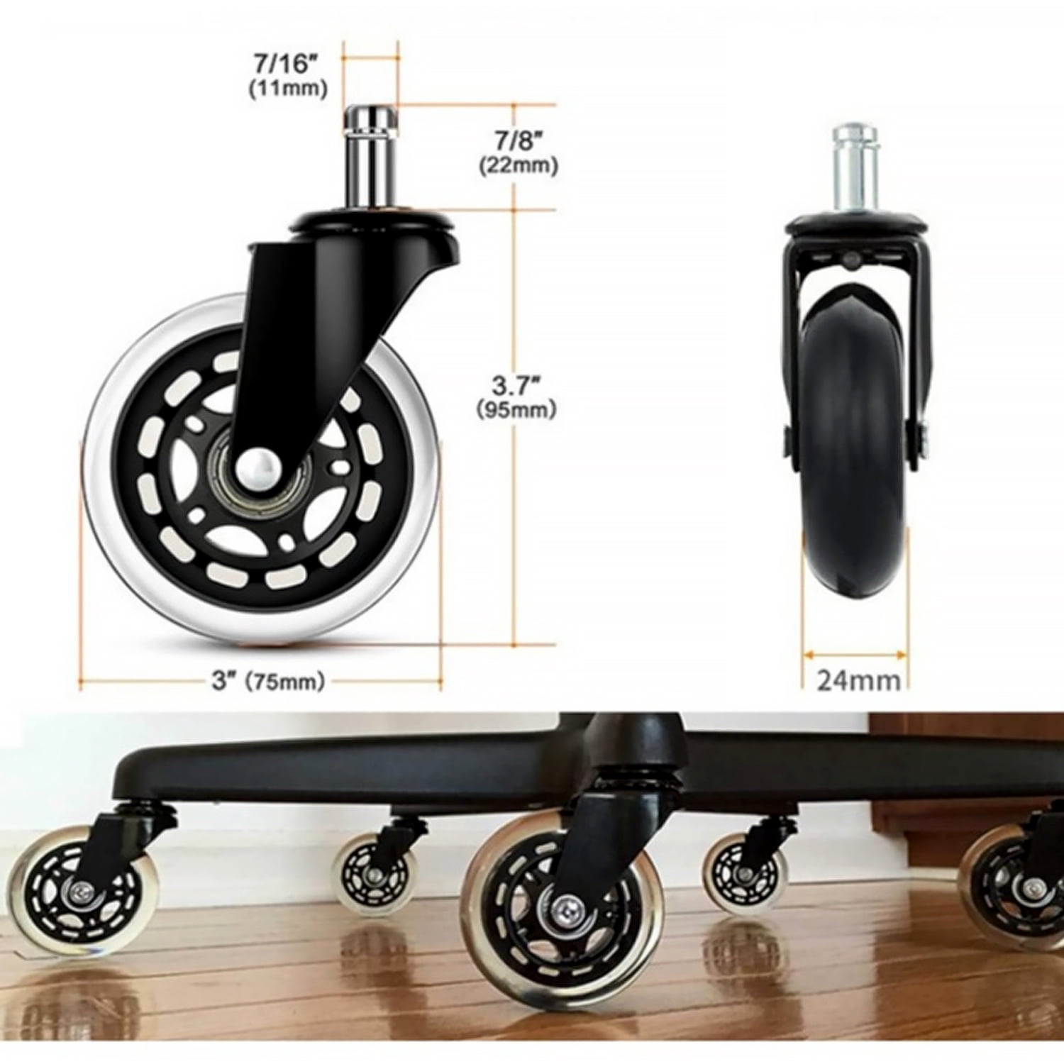 GoXteam Office Chair Wheels Roller Blade Caster Rubber Replacement for Office Transparent 3 Inch, Desk Rolling for Hardwood Floors Gaming Chair Wheels Smooth & Silence Gliding, 5Pcs