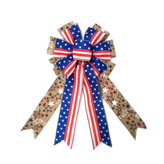 4th of July Bow, Large American Flag Stars and Stripes Ribbon for Independence Day Door Fence Mailbox Decor, Pre-made Wire-Edged Patriotic Bow