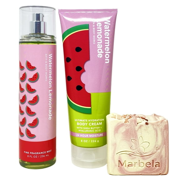 Bath & Body Works Watermelon Lemonade Fragrance Mist and Body Cream Bundle with a Marbela Himalayan Salts Springs Bar Soap - Full Size