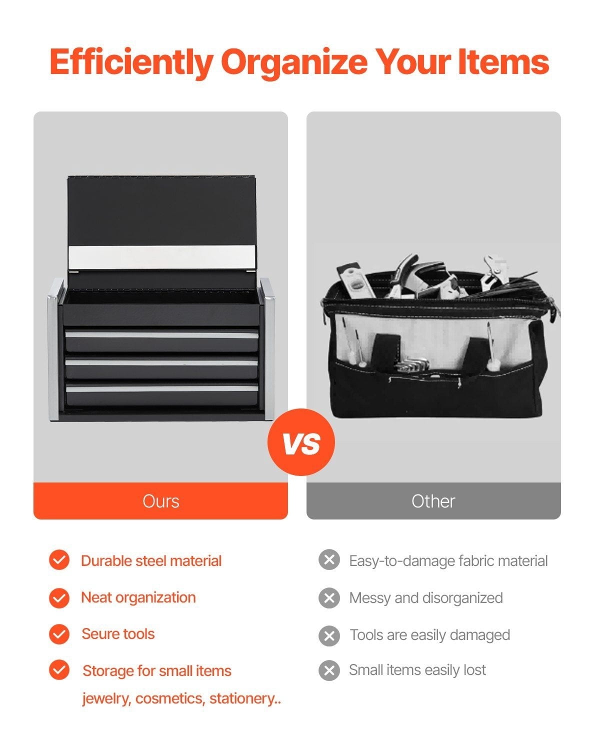Steel Small Metal Tool Box 8.6 Inch Small Triple Drawer Type with Ball Bearing Slides Powder Coated Black with PP Floor Pads