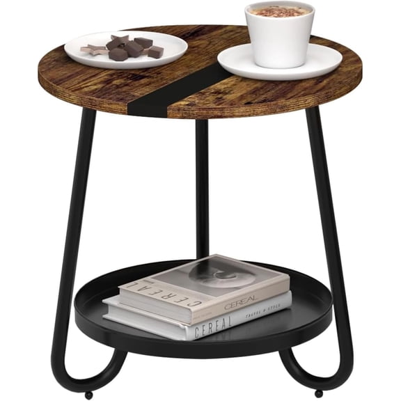 2 Tier Coffee Table in Living Room, Industrial Style Round Coffee Table with Metal Tray, Wood Small Outdoor Coffee Table for Bedroom Balcony Patio, Rustic Brown