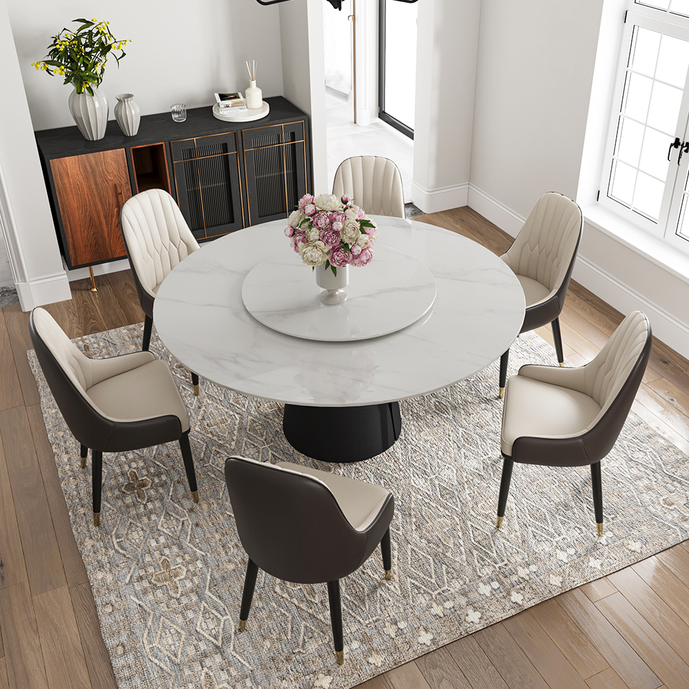 POVISON 59"Modern Round Black Kitchen Dining Table For 6 With Lazy Susan, Glossy Sintered Stone Tabletop, Solid Black Carbon Steel Base