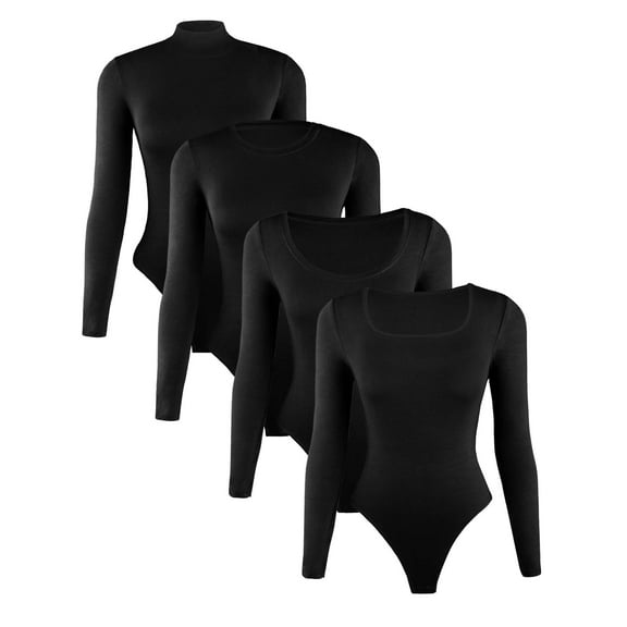 Liloak Bodysuits for Women, Long Sleeve Bodysuit Pack, Women's Ribbed Bodysuits Basic, Stretchy,Square/Scoop/Crew/Turtle Neck