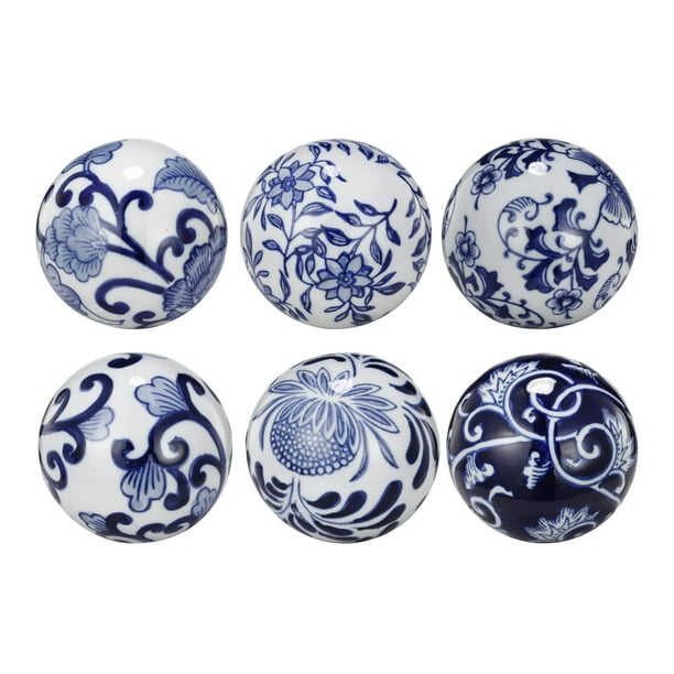 Set de bolas decorativas de porcelana Benzara, 10 cm, diseño floral, 6 esferas