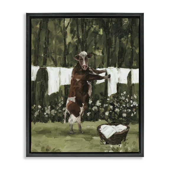 Stupell Industries Brown Cow Doing Laundry Bath & Laundry Painting Black Floater Framed Canvas Art Print Wall Art, 17 x 21