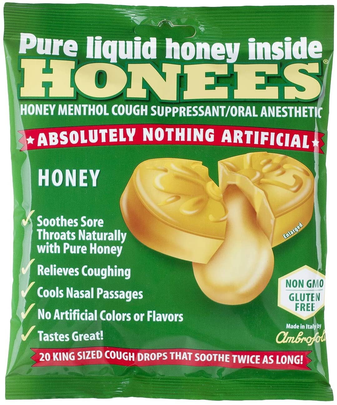 Honees Menthol Cough Suppressant & Oral Anesthetic, Pure Honey Flavor, 20ct