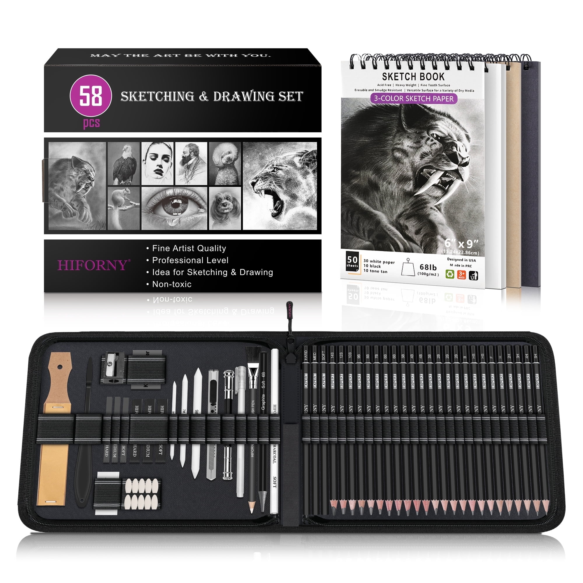 HIFORNY 58 PCS Drawing Kit with Sketchbook, Graphite, Charcoal