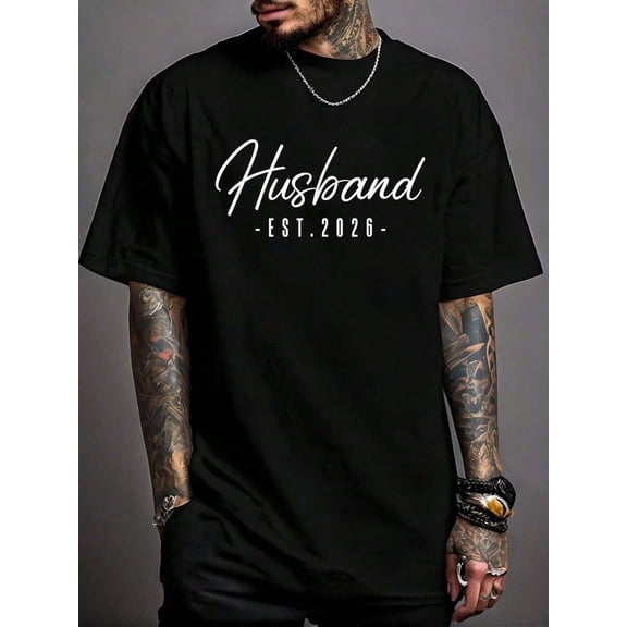 Husband Est 2026 Mr Mrs Just Married Honeymoon Hubby Wedding T-Shirt Print T-Shirt Casual Crew Neck Short Sleeve Comfort Tee Top Spring & Summer Men's Clothing