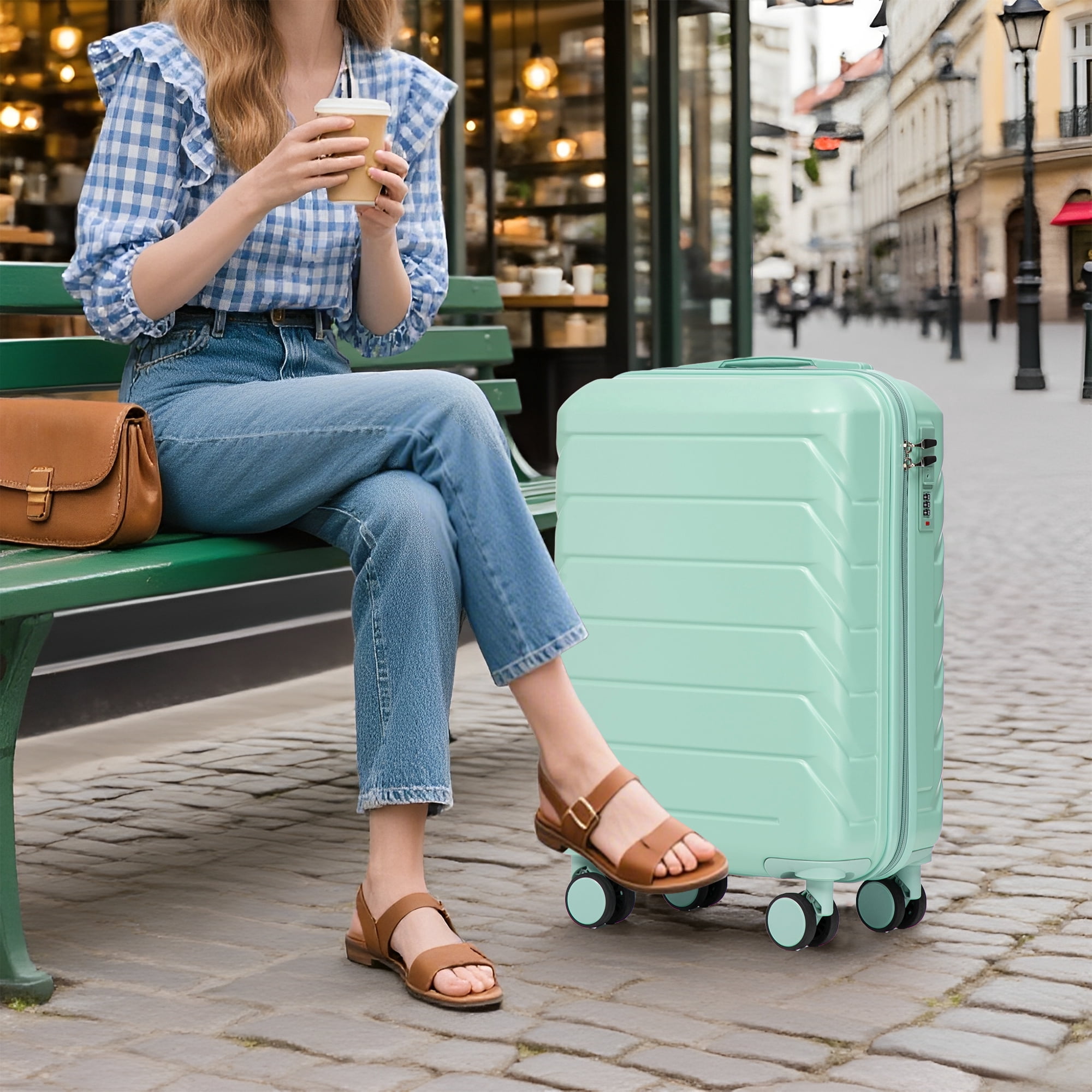2 PCS ABS Luggage Set, 20" Hard Shell Suitcase + 14" Cosmetic Case, 360° Silent Spinner Wheels, Combination Lock, 3-Step Telescopic Handle, Anti-Scratch Waterproof Travel Luggage