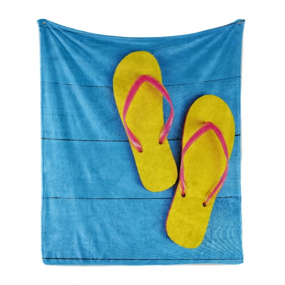 Yellow and Blue Soft Flannel Fleece Throw Blanket, Flip Flops on Wooden Pier Cheerful Holiday Travel Relax Image, Cozy Plush for Indoor and Outdoor Use, 70" x 90", Sky Blue Yellow Pink, by Ambesonne
