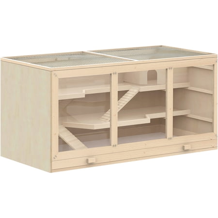 JERFIT Large Wooden Small Animal Cage Habitat with Opening Roof Multi-Level Hamster Gerbil Enclosure Natural Wood