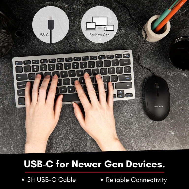 Macally Backlit Compact Keyboard & Mouse Combo – Wired USB, Adjustable DPI Mouse, Sleek Black For Desktop Or Laptop