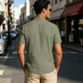 thumbnail image 7 of Men's Linen Shirts Short Sleeve Stand Collar Lace Up T Shirts Casual Lightweight Breathable Relaxed Fit Summer Tees, L, 7 of 7