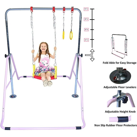 Kids Home Gymnastics Bar Jungle Gym 3 in 1 Set Deluxe Swing Seat, Trapeze Rings, Horizontal Kip Bar Height Adjustable Monkey Bar, Expandable Junior Training Gymnastic Balance Bar, Swing Set (Pink)