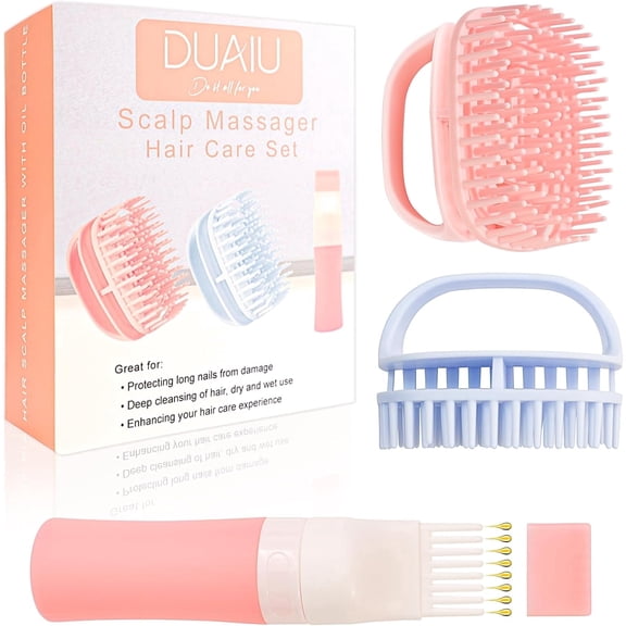 DUAIU Hair Oil Tool  with 2PCS Scalp Massager, Silicone Root Comb Applicator Bottle and Silicone Shampoo Brush Set, Scalp Scrubber Bottle for Hair Dye and Care